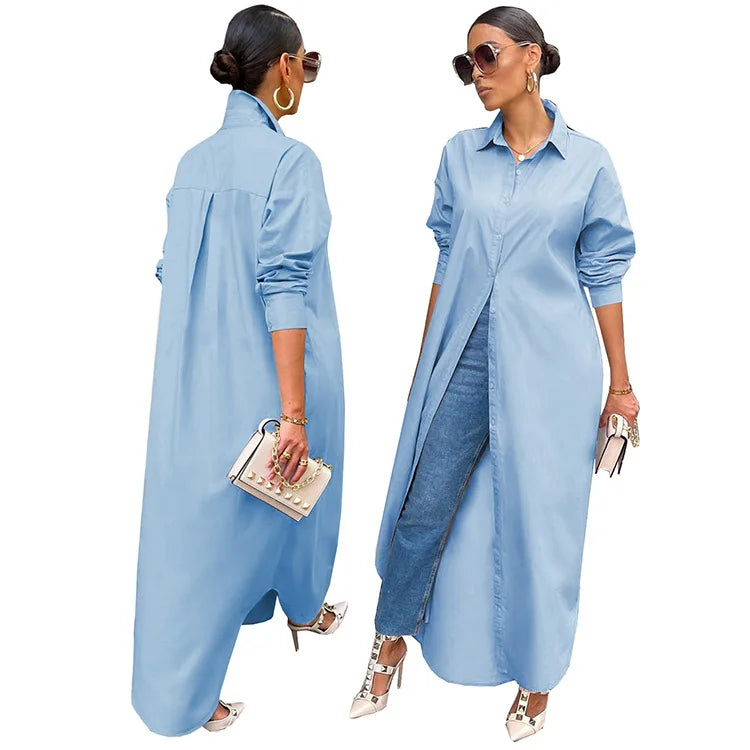 Blusas compridas para mulheres, gola virada para baixo, sólida, de peito único, camisa manga cheia, casacos casuais, casaco de verão regular solto