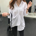 Blusa feminina de manga comprida na moda coreana, camisa branca, roupas elegantes, tops estéticos de colarinho, camisa feminina