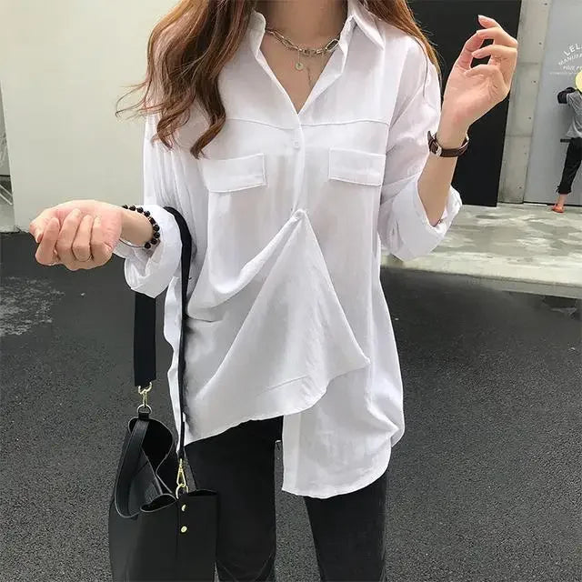 Blusa feminina de manga comprida na moda coreana, camisa branca, roupas elegantes, tops estéticos de colarinho, camisa feminina