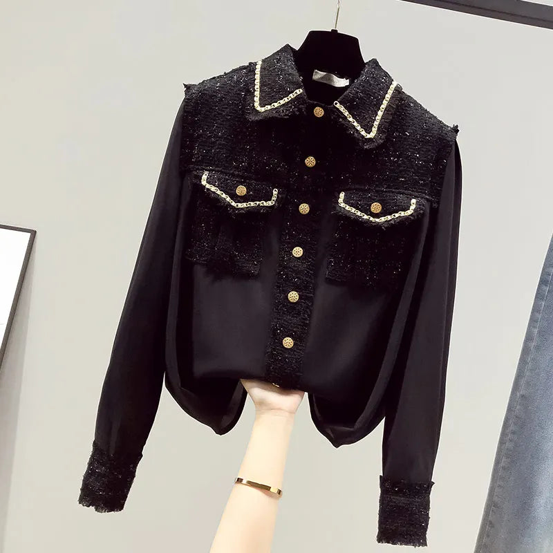 Blusa feminina 2025 primavera verão novo tweed retalhos laple camisas de manga longa elegante moda magro topos senhora do escritório