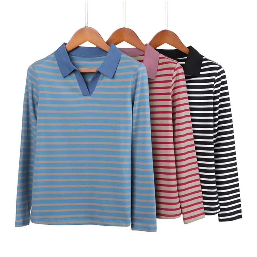 Blusa Feminina Listrada de Algodão com Gola V e Manga Longa para Trabalho, Festa, Férias e Escritório - 80% Algodão