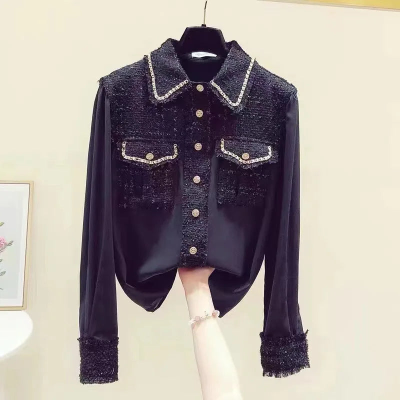 Blusa feminina 2025 primavera verão novo tweed retalhos laple camisas de manga longa elegante moda magro topos senhora do escritório