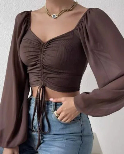 Ladies Blusas Summer Short Tshirt Woman Clothes Long Sleeve T Shirt Sexy V-neck Women T Shirt Casual Drawstring Crop Tops Tee