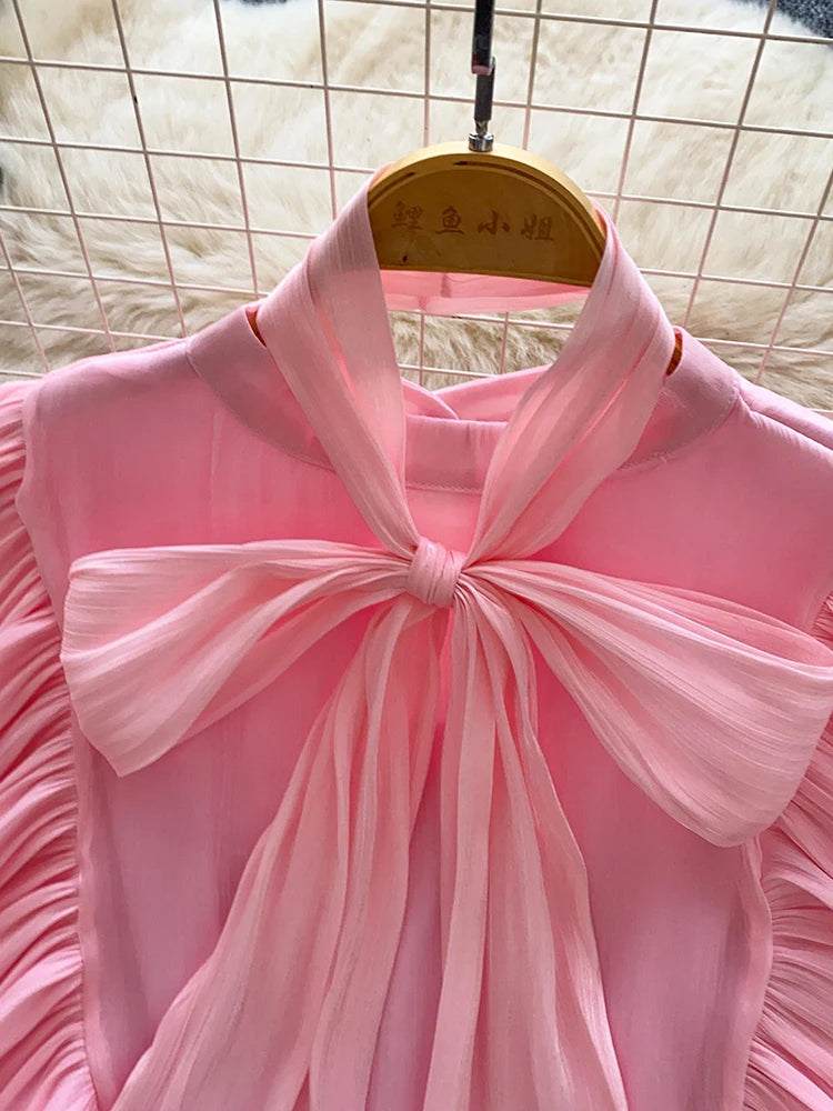 Blusa Feminina Elegante com Laço em Chiffon, Bainha com Babados, Peça Leve para Camadas, Primavera Verão, Blusa Top BL341