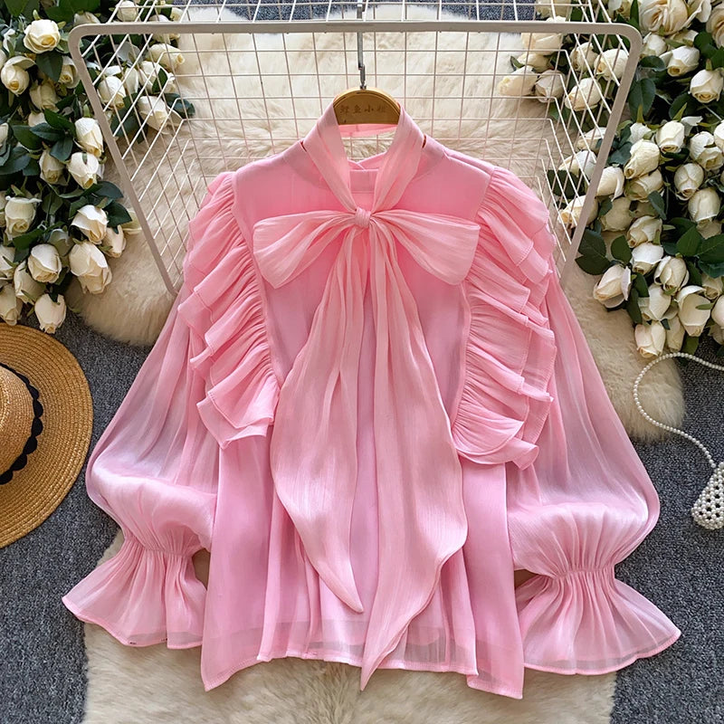 Blusa Feminina Elegante com Laço em Chiffon, Bainha com Babados, Peça Leve para Camadas, Primavera Verão, Blusa Top BL341