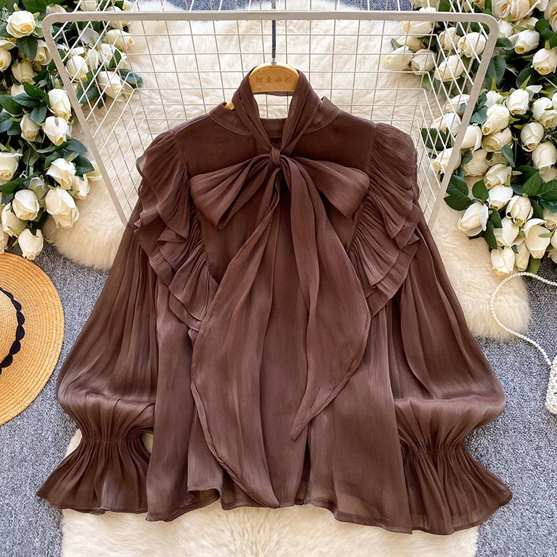 Blusa Feminina Elegante com Laço em Chiffon, Bainha com Babados, Peça Leve para Camadas, Primavera Verão, Blusa Top BL341