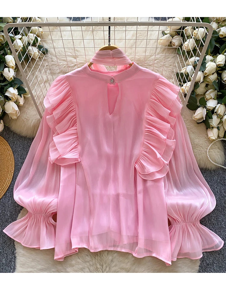 Blusa Feminina Elegante com Laço em Chiffon, Bainha com Babados, Peça Leve para Camadas, Primavera Verão, Blusa Top BL341