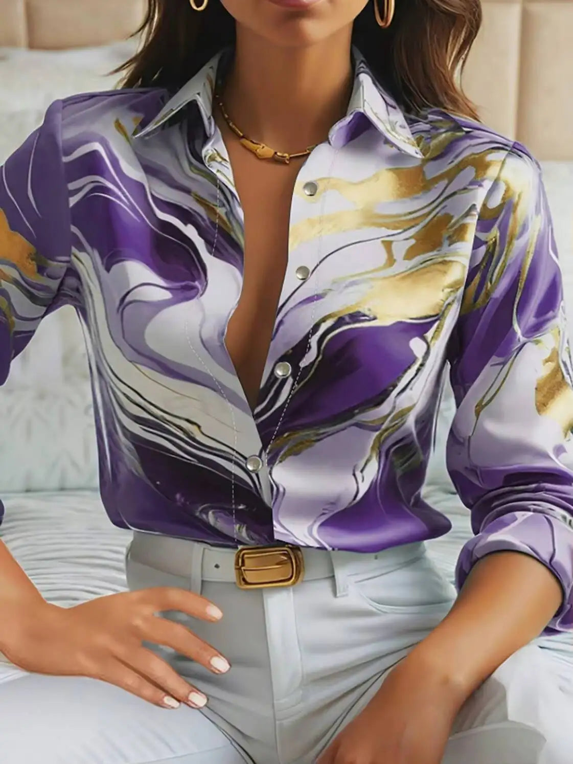 Blusa Feminina Manga Longa | Estampa Mármore Roxo e Dourado