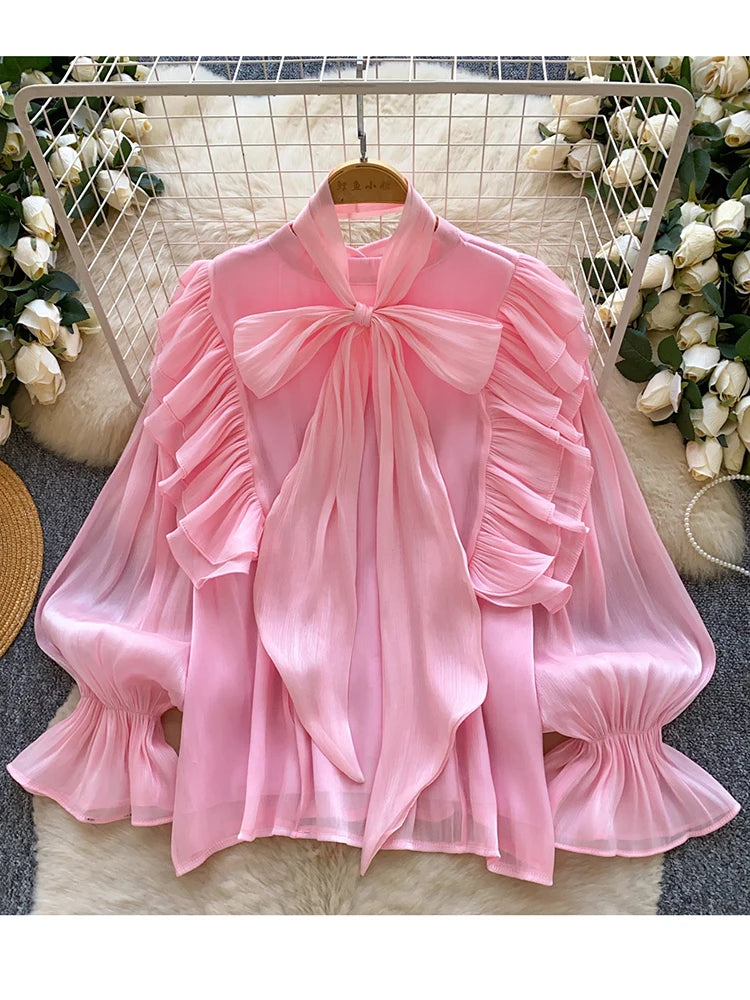 Blusa Feminina Elegante com Laço em Chiffon, Bainha com Babados, Peça Leve para Camadas, Primavera Verão, Blusa Top BL341