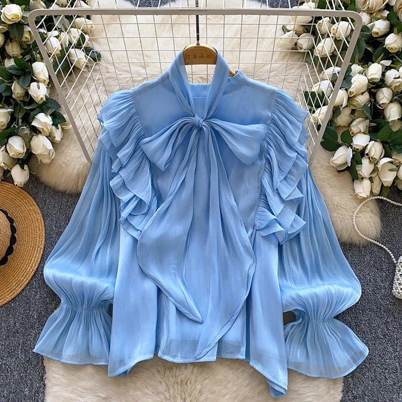 Blusa Feminina Elegante com Laço em Chiffon, Bainha com Babados, Peça Leve para Camadas, Primavera Verão, Blusa Top BL341