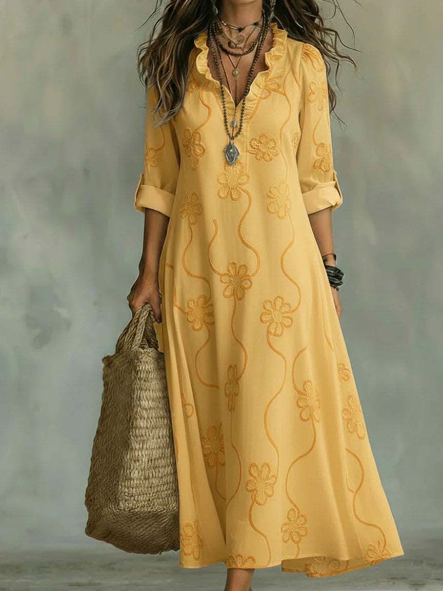 Vestidos Formais Femininos com Decote em V de Renda, Manga Longa, Estampados, Versáteis, Estilo Resort de Verão, Vestido Longo para o Dia a Dia