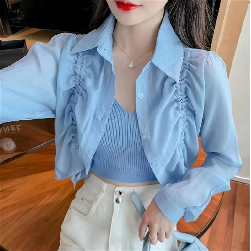 Blusa feminina com cordão protetor solar curto topos camisas de manga longa leve outerwear primavera verão jaqueta tendência botões camisas