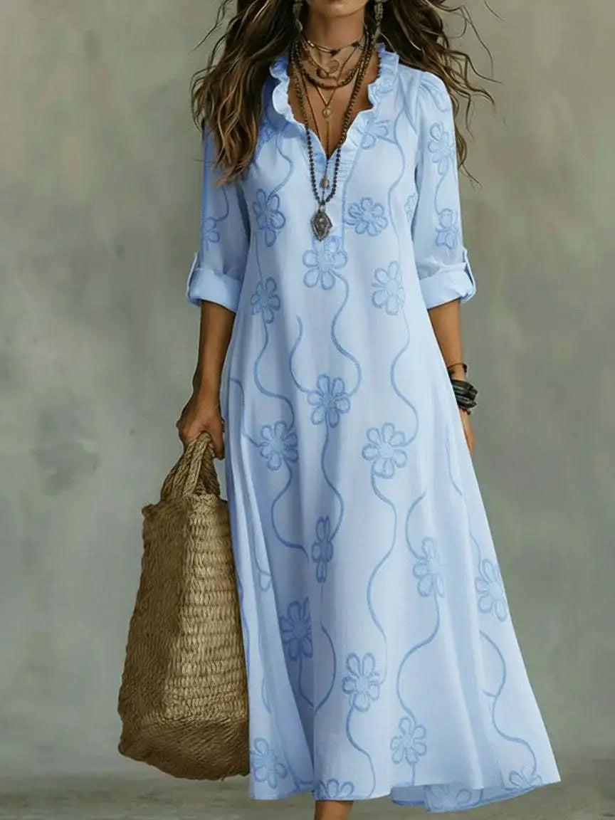 Vestidos Formais Femininos com Decote em V de Renda, Manga Longa, Estampados, Versáteis, Estilo Resort de Verão, Vestido Longo para o Dia a Dia