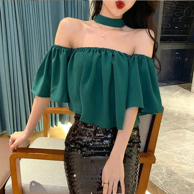Blusas femininas slash neck fora do ombro sexy colheita elegante solto ulzzang design férias retro chique ins feminino Блузки verão