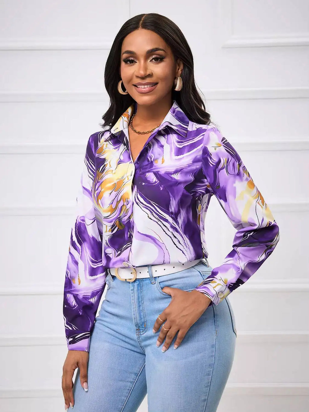 Blusa Feminina Manga Longa | Estampa Mármore Roxo e Dourado