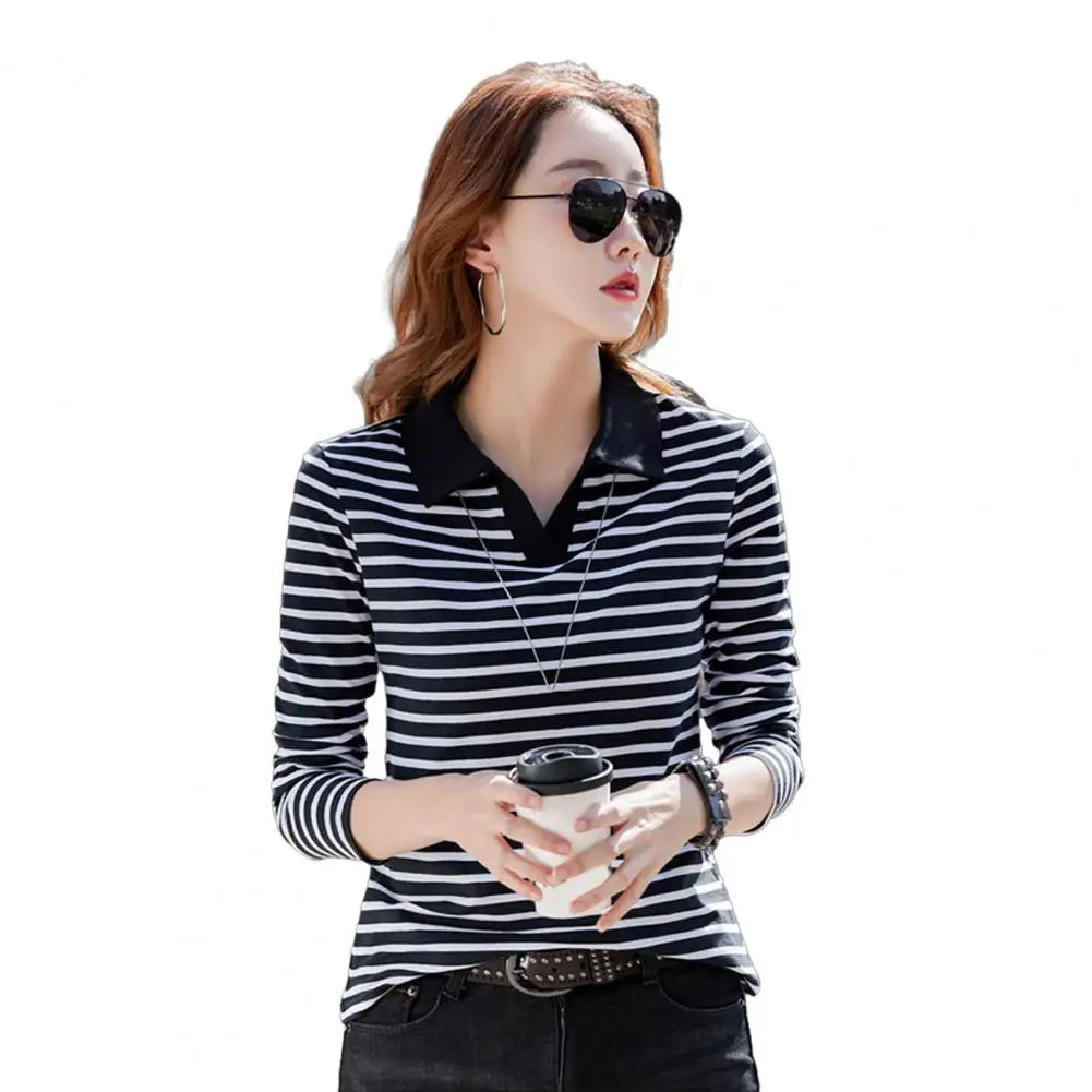 Blusa Feminina Listrada de Algodão com Gola V e Manga Longa para Trabalho, Festa, Férias e Escritório - 80% Algodão