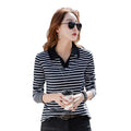 Blusa Feminina Listrada de Algodão com Gola V e Manga Longa para Trabalho, Festa, Férias e Escritório - 80% Algodão