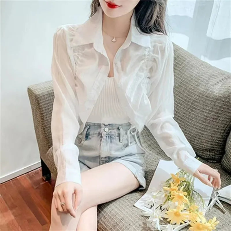 Blusa feminina com cordão protetor solar curto topos camisas de manga longa leve outerwear primavera verão jaqueta tendência botões camisas