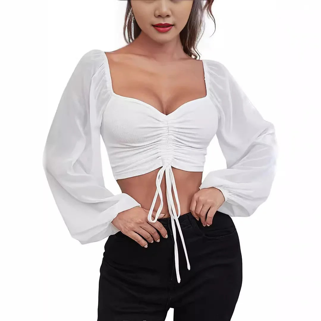 Ladies Blusas Summer Short Tshirt Woman Clothes Long Sleeve T Shirt Sexy V-neck Women T Shirt Casual Drawstring Crop Tops Tee
