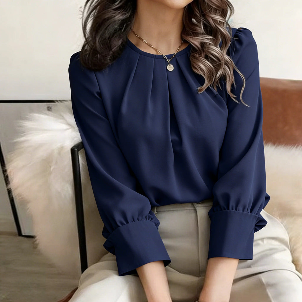 Blusa Feminina Elegante de Manga Longa com Gola Redonda, Plissada e Solta, para Primavera/Verão, Casual e Leve para Escritório