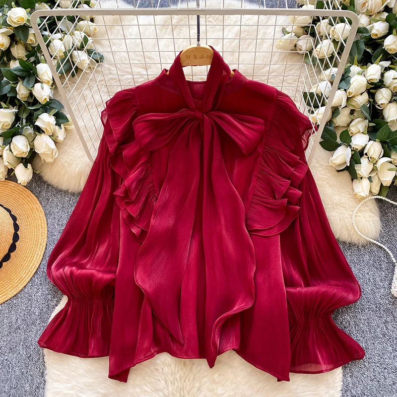 Blusa Feminina Elegante com Laço em Chiffon, Bainha com Babados, Peça Leve para Camadas, Primavera Verão, Blusa Top BL341