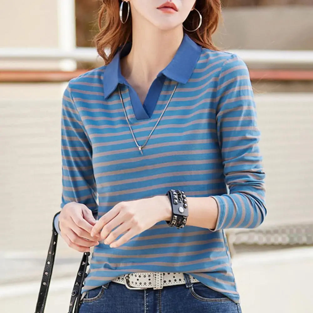 Blusa Feminina Listrada de Algodão com Gola V e Manga Longa para Trabalho, Festa, Férias e Escritório - 80% Algodão