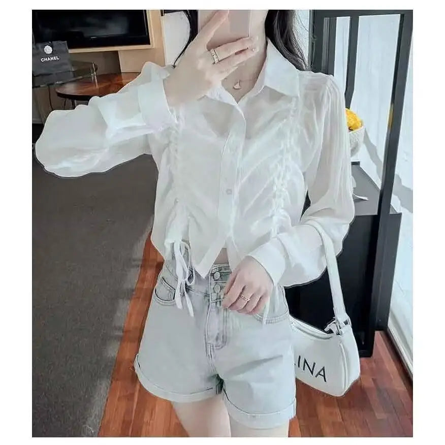 Blusa feminina com cordão protetor solar curto topos camisas de manga longa leve outerwear primavera verão jaqueta tendência botões camisas
