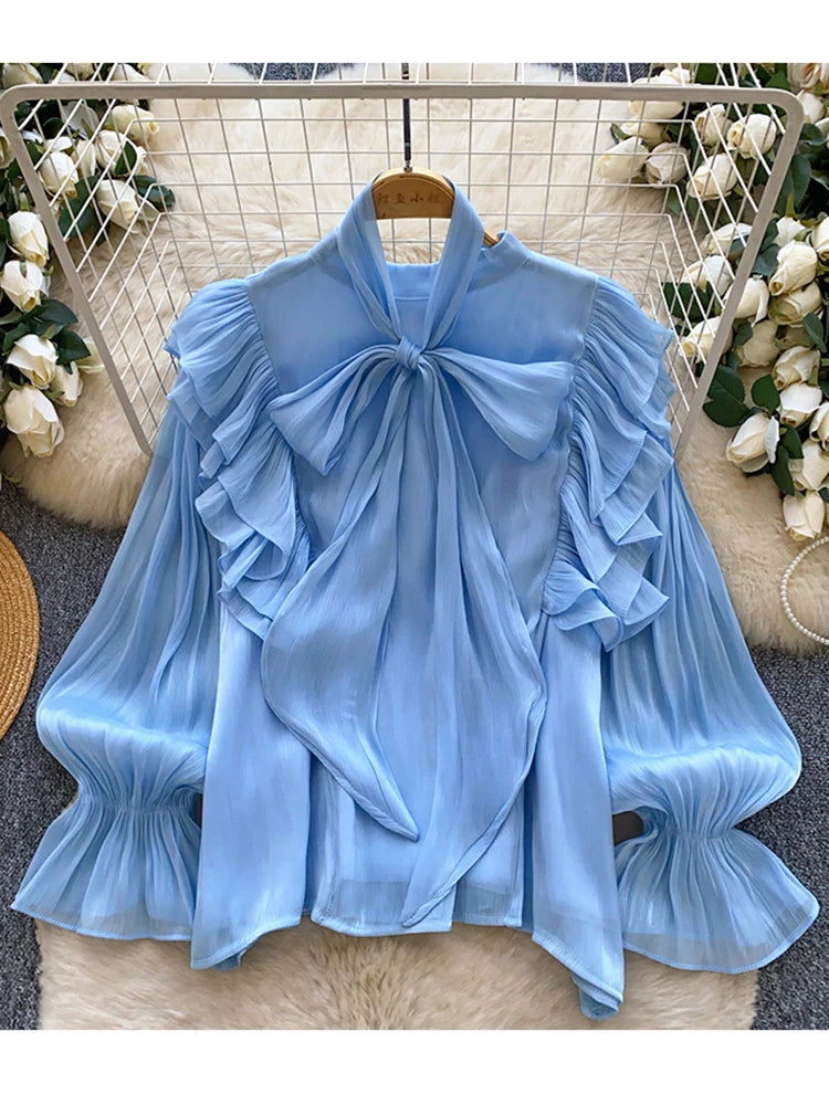 Blusa Feminina Elegante com Laço em Chiffon, Bainha com Babados, Peça Leve para Camadas, Primavera Verão, Blusa Top BL341