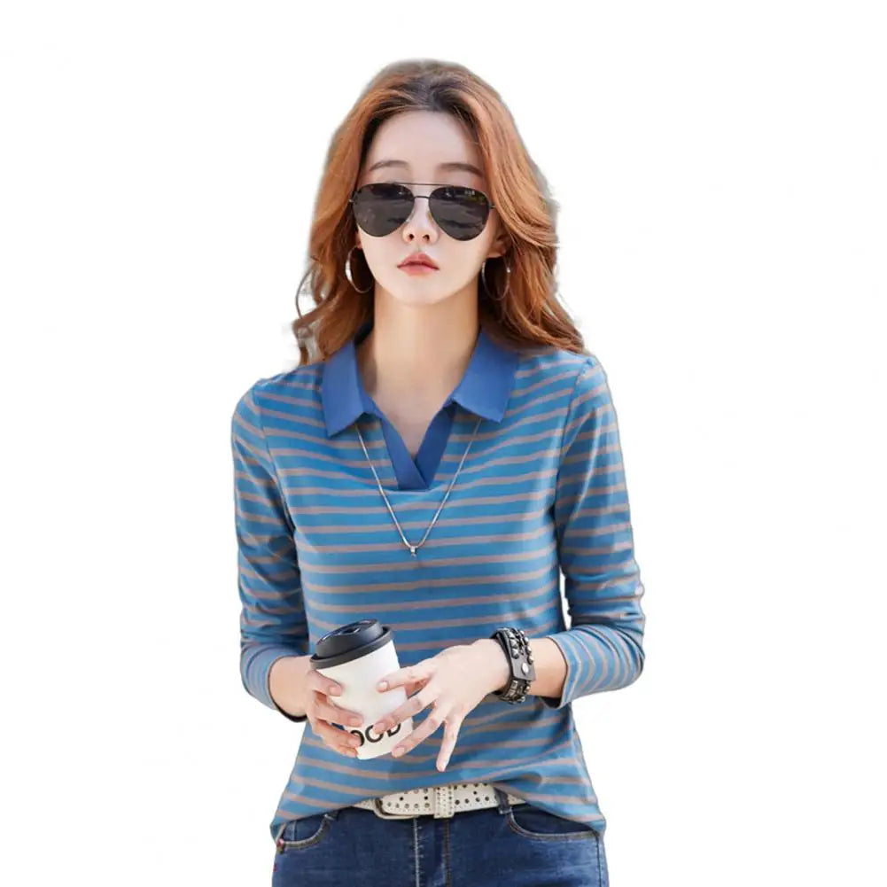 Blusa Feminina Listrada de Algodão com Gola V e Manga Longa para Trabalho, Festa, Férias e Escritório - 80% Algodão