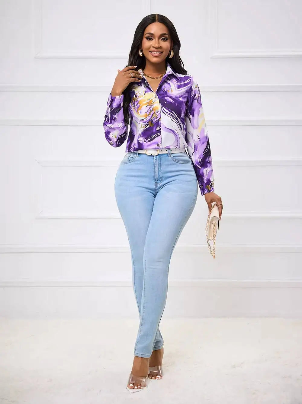 Blusa Feminina Manga Longa | Estampa Mármore Roxo e Dourado