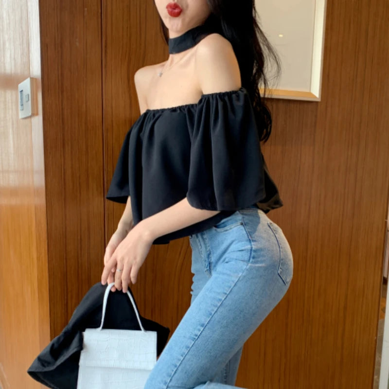 Blusas femininas slash neck fora do ombro sexy colheita elegante solto ulzzang design férias retro chique ins feminino Блузки verão