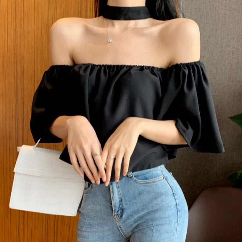 Blusas femininas slash neck fora do ombro sexy colheita elegante solto ulzzang design férias retro chique ins feminino Блузки verão