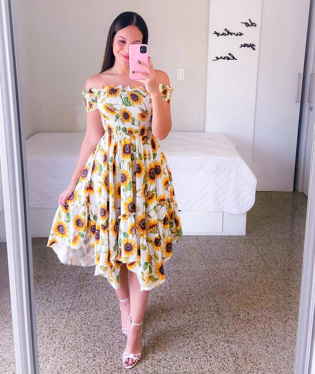 Vestido Bohemio Informal Holgado De Verano Para Mujer, Manga Corta, Cuello En V, Cintura Alta Elástica, 2025