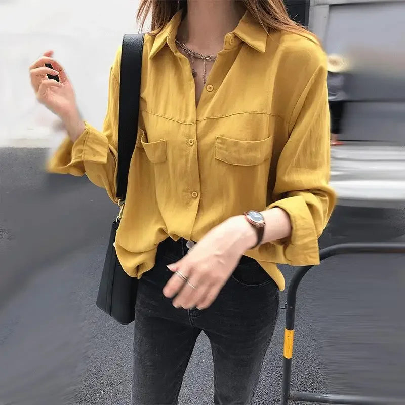 Blusa feminina de manga comprida na moda coreana, camisa branca, roupas elegantes, tops estéticos de colarinho, camisa feminina