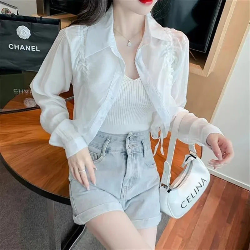 Blusa feminina com cordão protetor solar curto topos camisas de manga longa leve outerwear primavera verão jaqueta tendência botões camisas