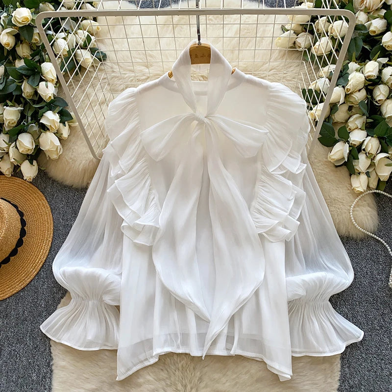 Blusa Feminina Elegante com Laço em Chiffon, Bainha com Babados, Peça Leve para Camadas, Primavera Verão, Blusa Top BL341