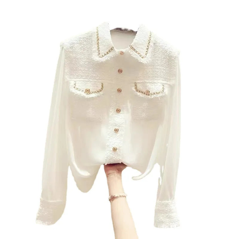 Blusa feminina 2025 primavera verão novo tweed retalhos laple camisas de manga longa elegante moda magro topos senhora do escritório