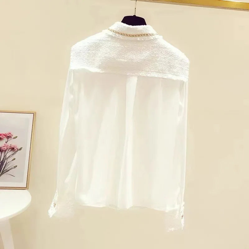 Blusa feminina 2025 primavera verão novo tweed retalhos laple camisas de manga longa elegante moda magro topos senhora do escritório