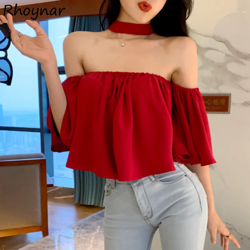 Blusas femininas slash neck fora do ombro sexy colheita elegante solto ulzzang design férias retro chique ins feminino Блузки verão
