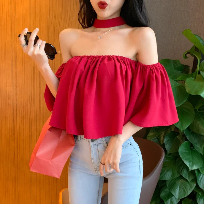 Blusas femininas slash neck fora do ombro sexy colheita elegante solto ulzzang design férias retro chique ins feminino Блузки verão