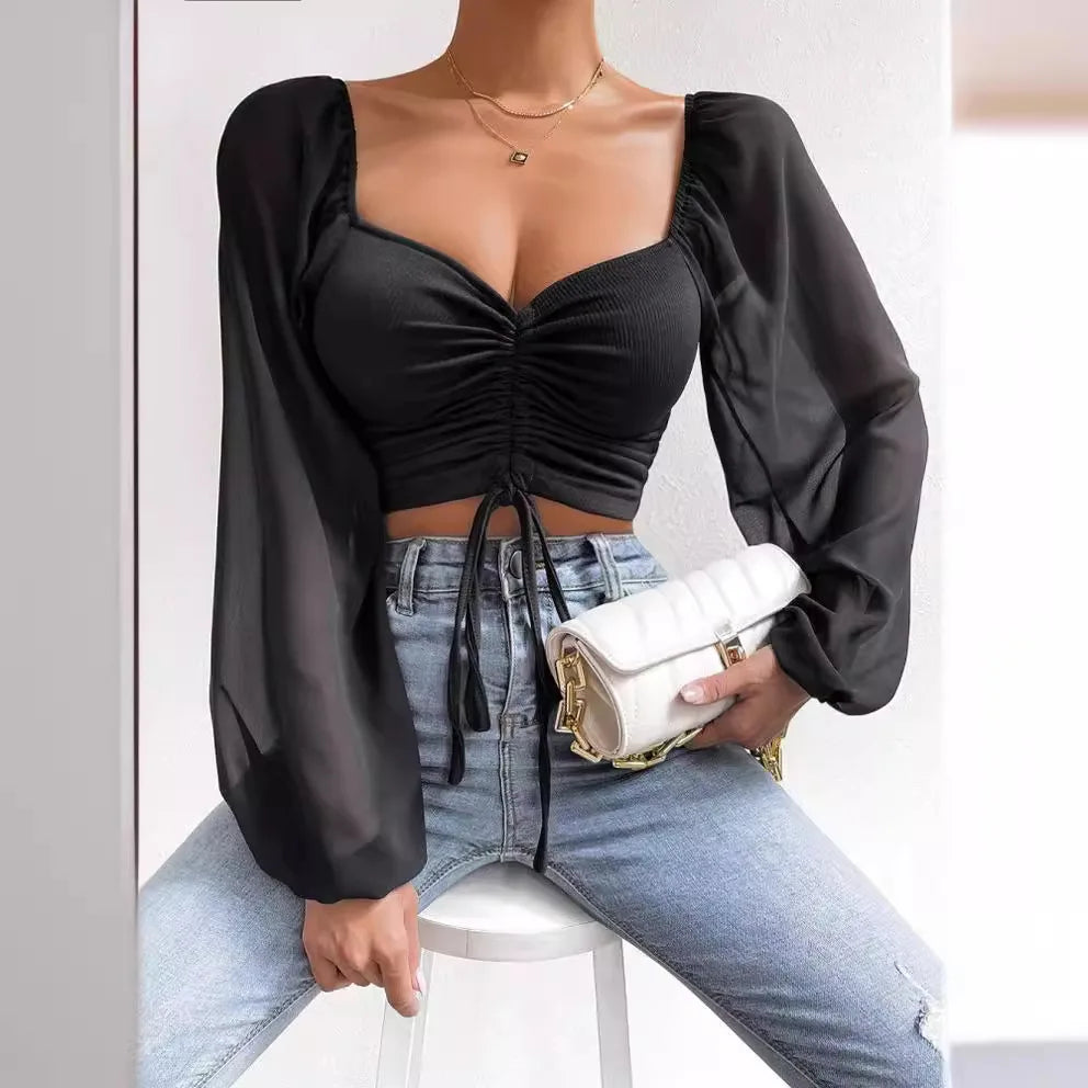 Ladies Blusas Summer Short Tshirt Woman Clothes Long Sleeve T Shirt Sexy V-neck Women T Shirt Casual Drawstring Crop Tops Tee