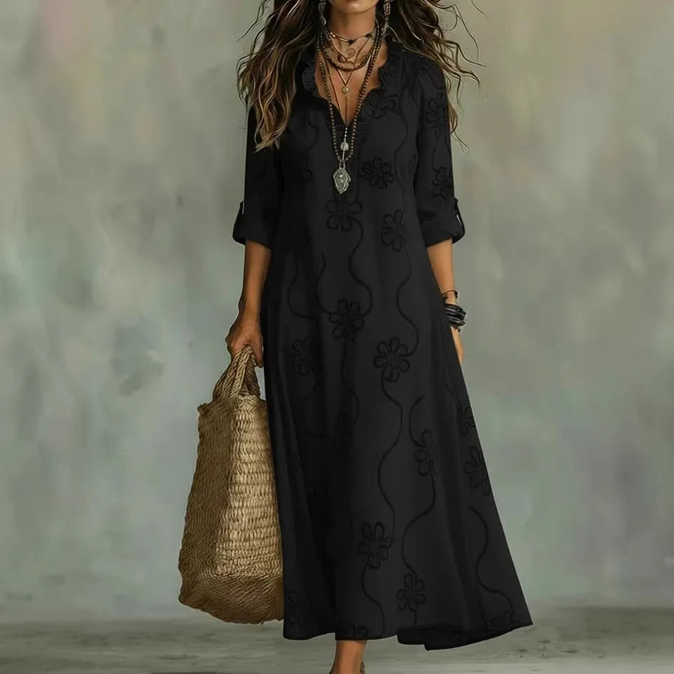 Vestidos Formais Femininos com Decote em V de Renda, Manga Longa, Estampados, Versáteis, Estilo Resort de Verão, Vestido Longo para o Dia a Dia