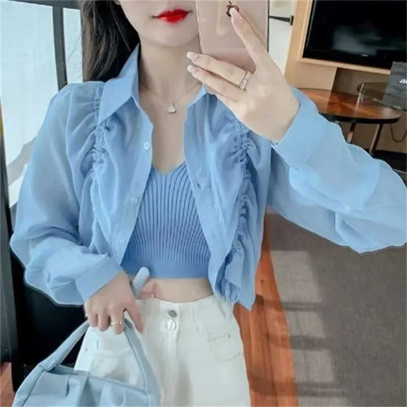 Blusa feminina com cordão protetor solar curto topos camisas de manga longa leve outerwear primavera verão jaqueta tendência botões camisas