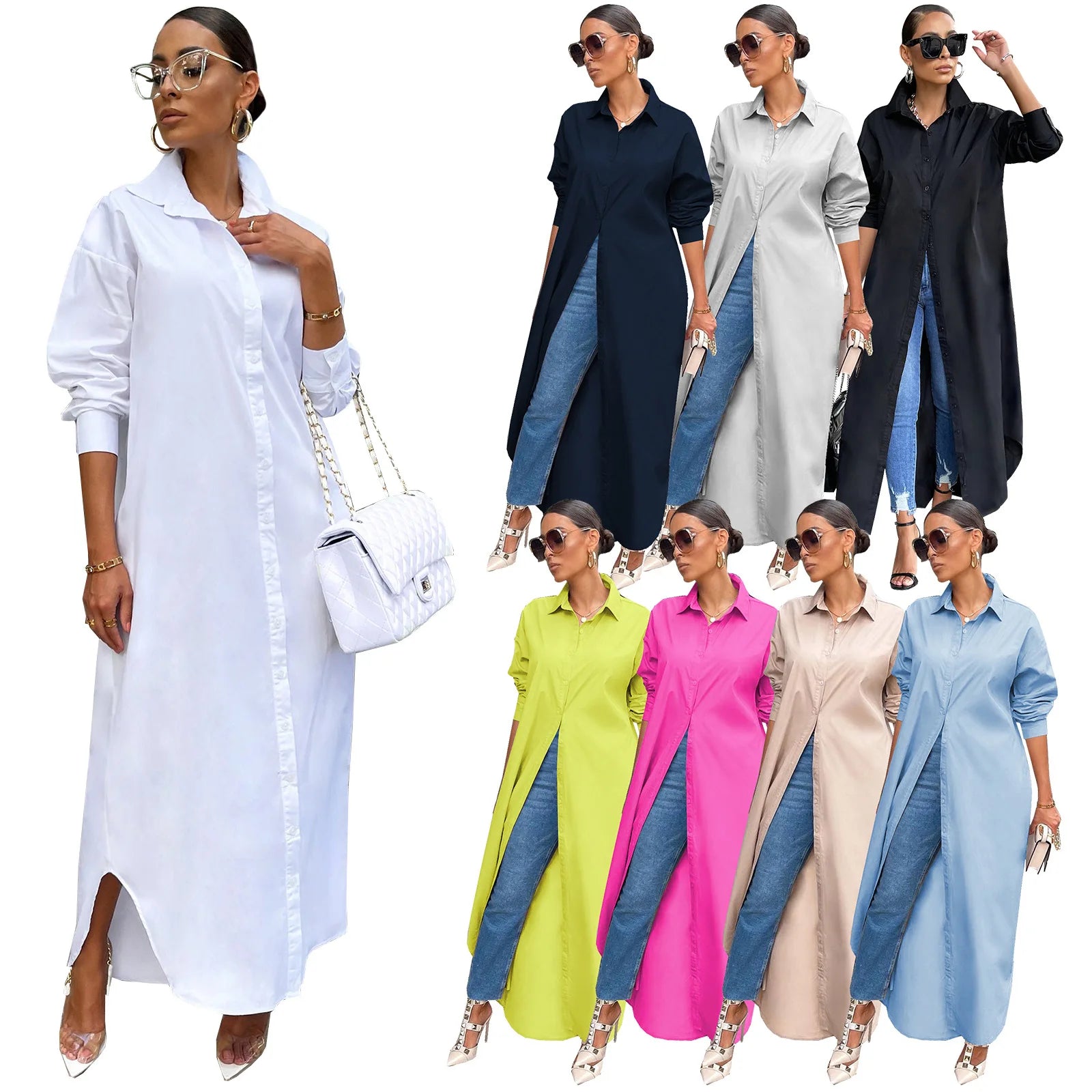 Blusas compridas para mulheres, gola virada para baixo, sólida, de peito único, camisa manga cheia, casacos casuais, casaco de verão regular solto