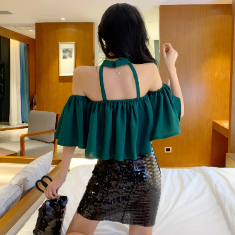 Blusas femininas slash neck fora do ombro sexy colheita elegante solto ulzzang design férias retro chique ins feminino Блузки verão
