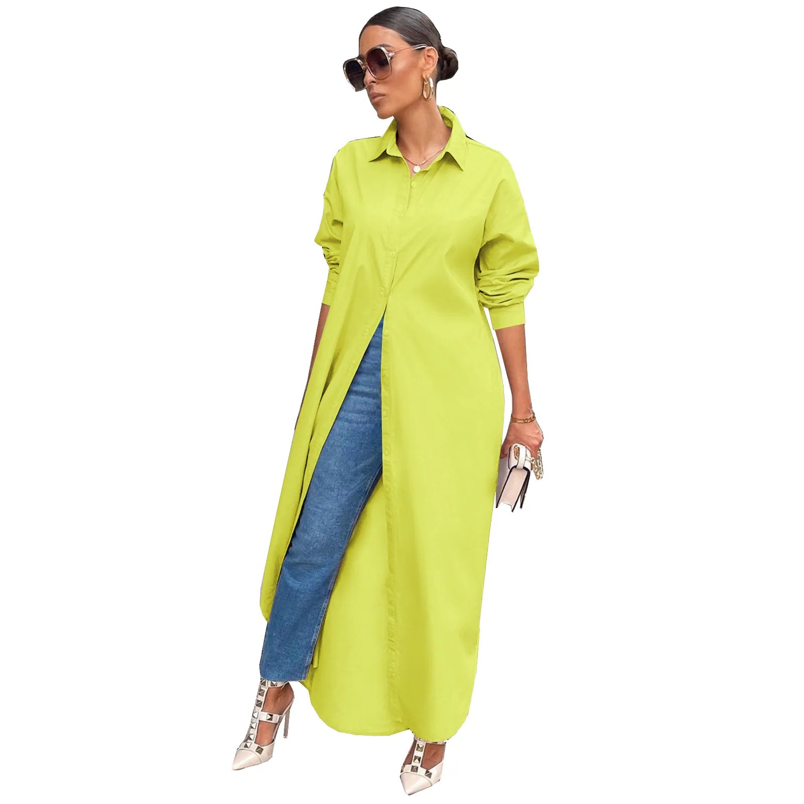 Blusas compridas para mulheres, gola virada para baixo, sólida, de peito único, camisa manga cheia, casacos casuais, casaco de verão regular solto