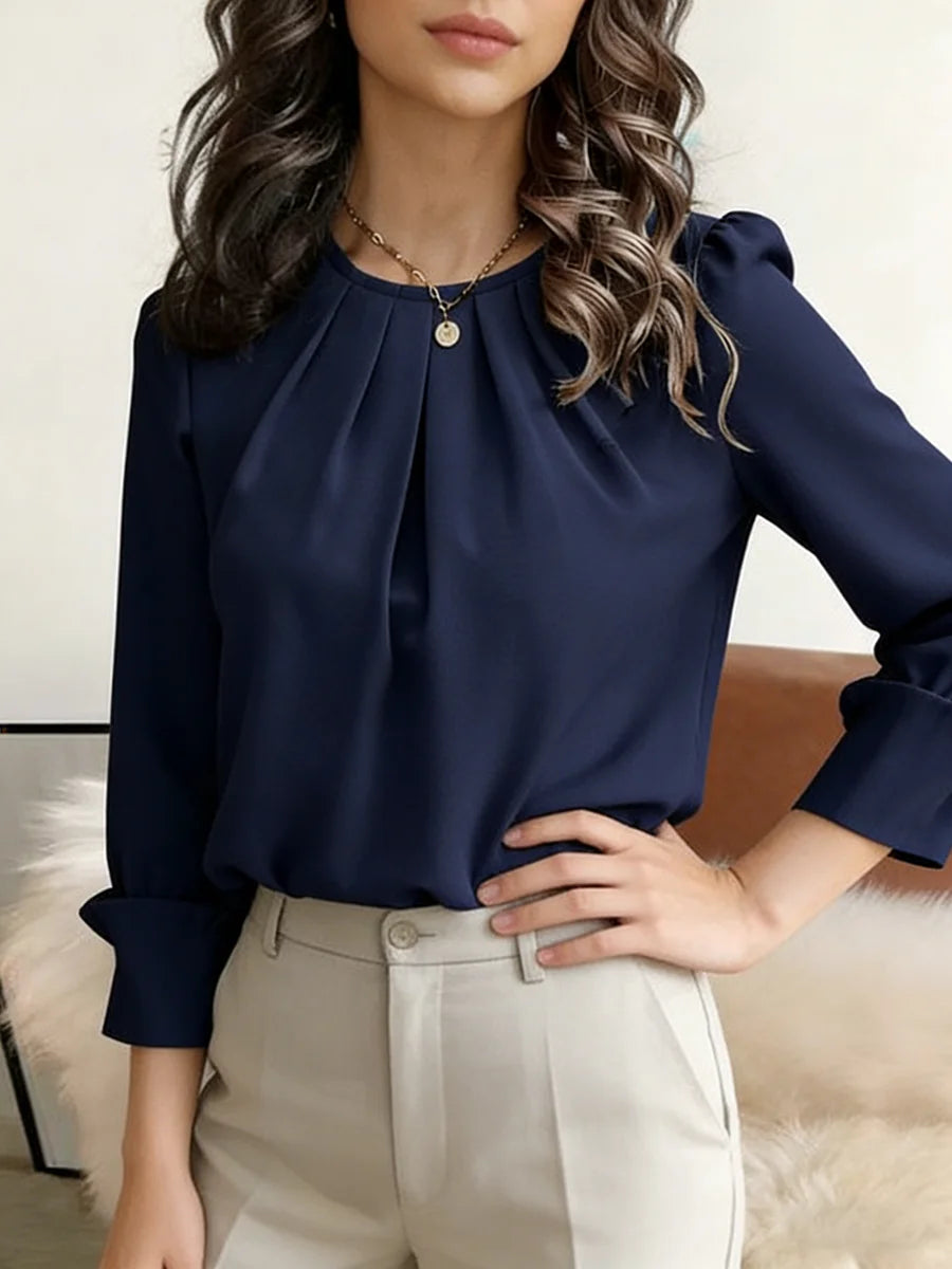Blusa Feminina Elegante de Manga Longa com Gola Redonda, Plissada e Solta, para Primavera/Verão, Casual e Leve para Escritório