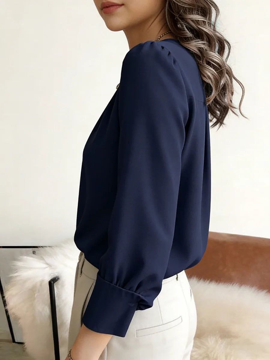 Blusa Feminina Elegante de Manga Longa com Gola Redonda, Plissada e Solta, para Primavera/Verão, Casual e Leve para Escritório