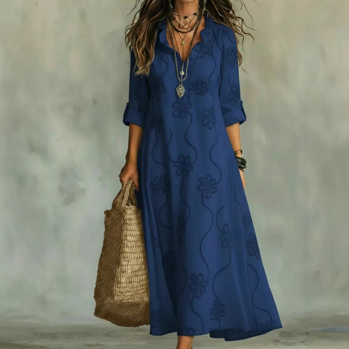 Vestidos Formais Femininos com Decote em V de Renda, Manga Longa, Estampados, Versáteis, Estilo Resort de Verão, Vestido Longo para o Dia a Dia