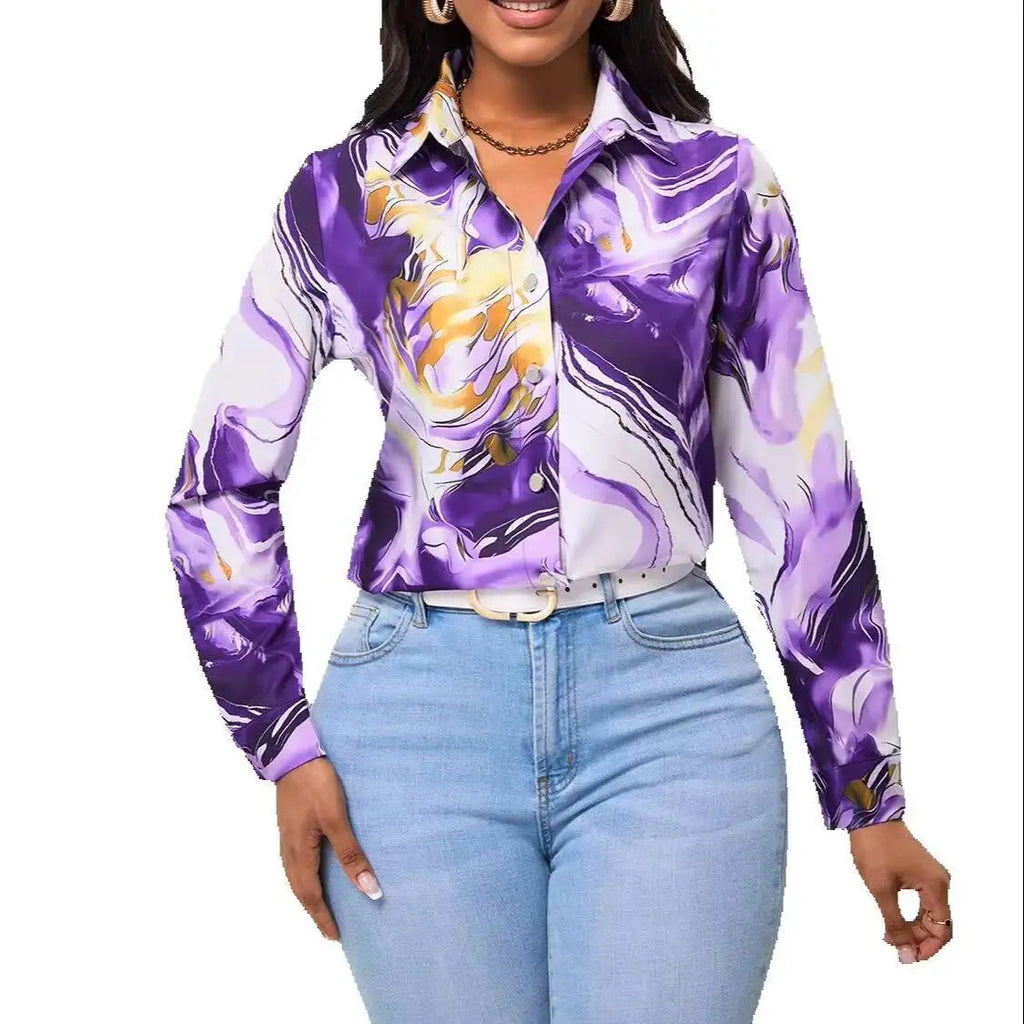 Blusa Feminina Manga Longa | Estampa Mármore Roxo e Dourado